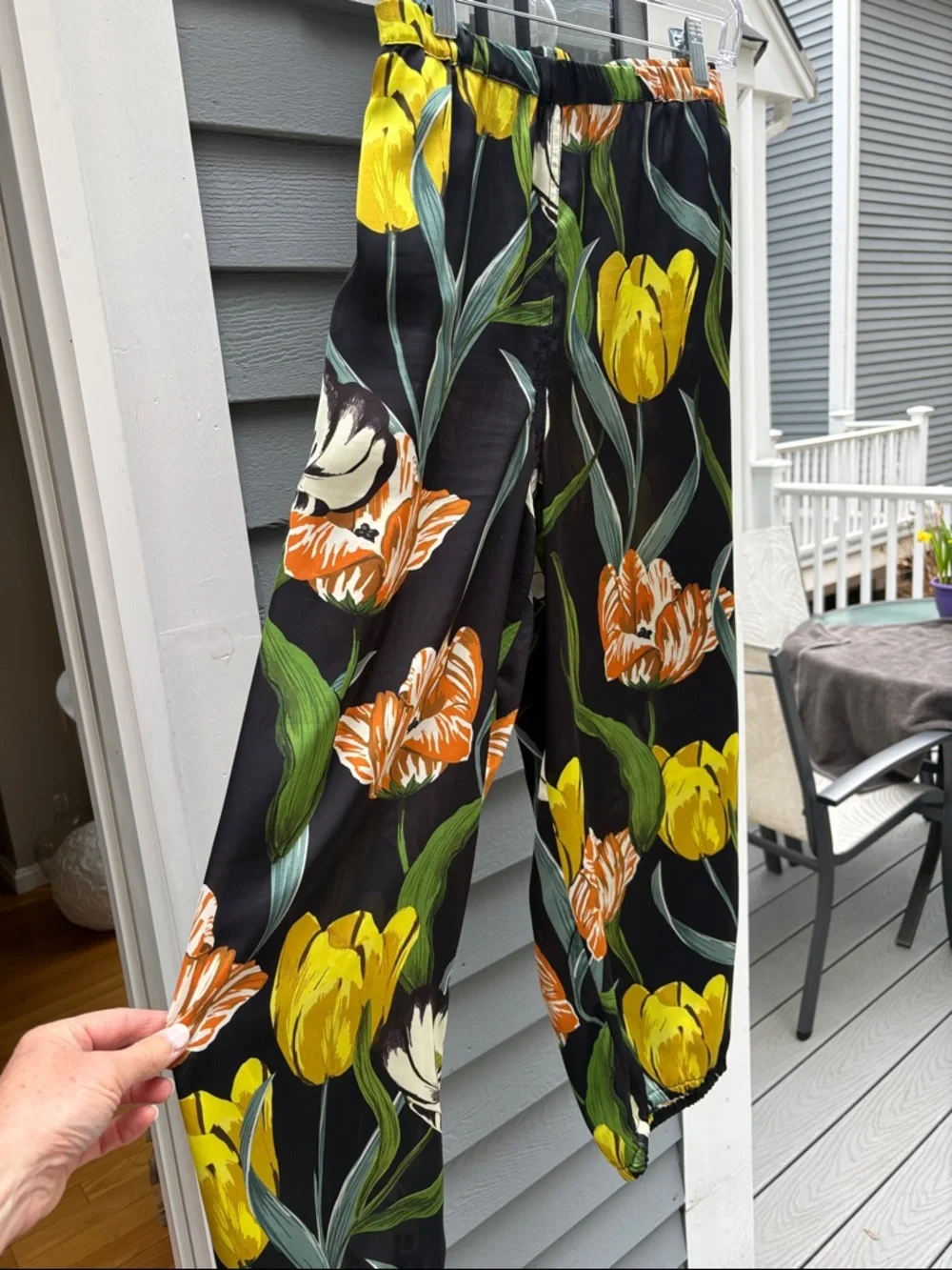 Black Floral Wide-Leg Pants with Yellow & Orange Tulips - Picture 1 of 10